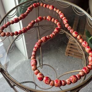 Vintage Red Wood Etched Beaded Necklace, Cinnabar 37" Inch Necklace